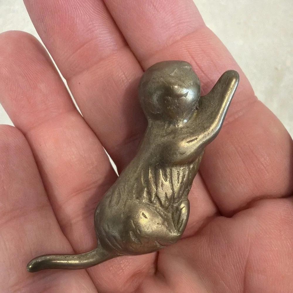 Vintage Miniature Solid Brass Hunting Pouncing Cat Figurine Tail up